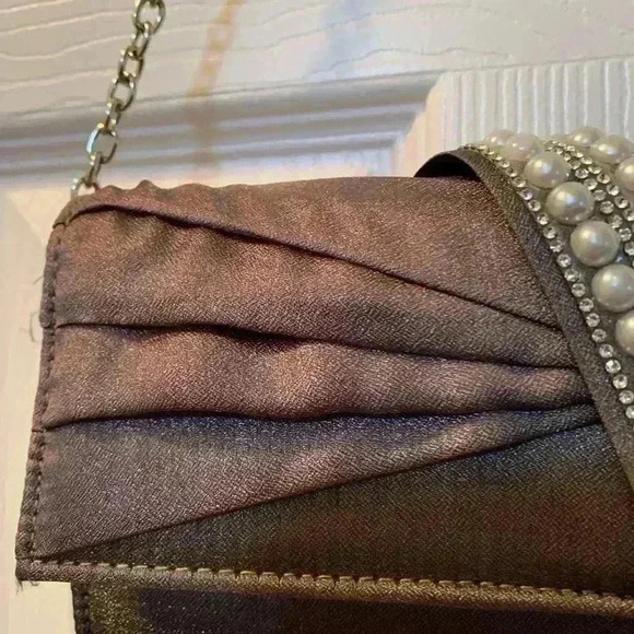 Kate Landry evening bag metallic grayish fabric, pearl and rhinestone accent ￼ - Picture 3 of 9